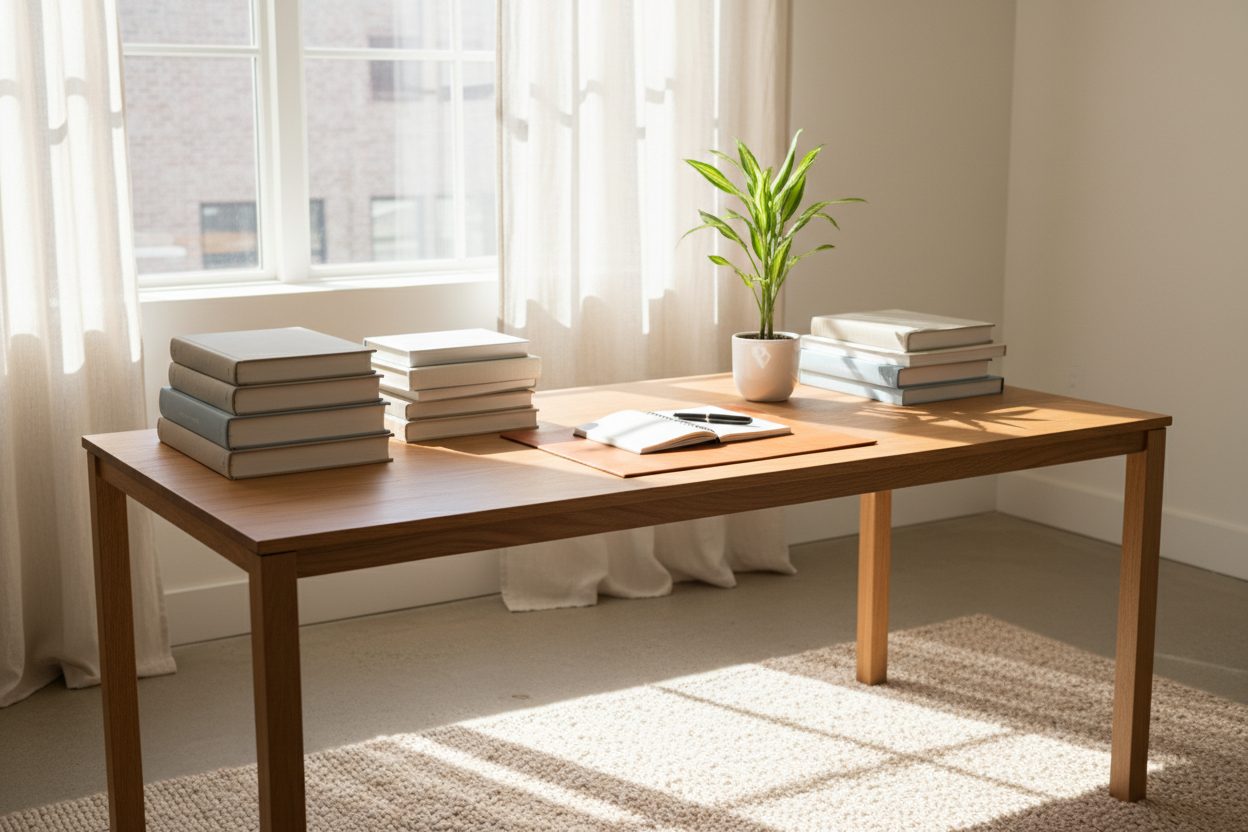 A realistic, minimal interior scene representing learning and growth. A tidy desk, books, natural light through a window, neutral colour palette. Professional editorial photography style. No people, no animation, no illustration, no cartoon style. No text or logos.
