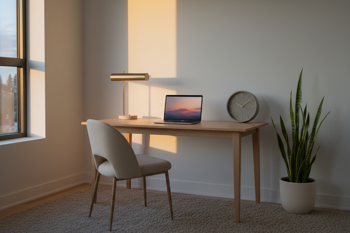 A realistic, minimal workspace with soft ambient light transitioning between day and evening, suggesting flexibility and ongoing support. Neutral tones, calm and professional setting. Editorial photography style. No people, no animation, no illustration, no text or logos.
