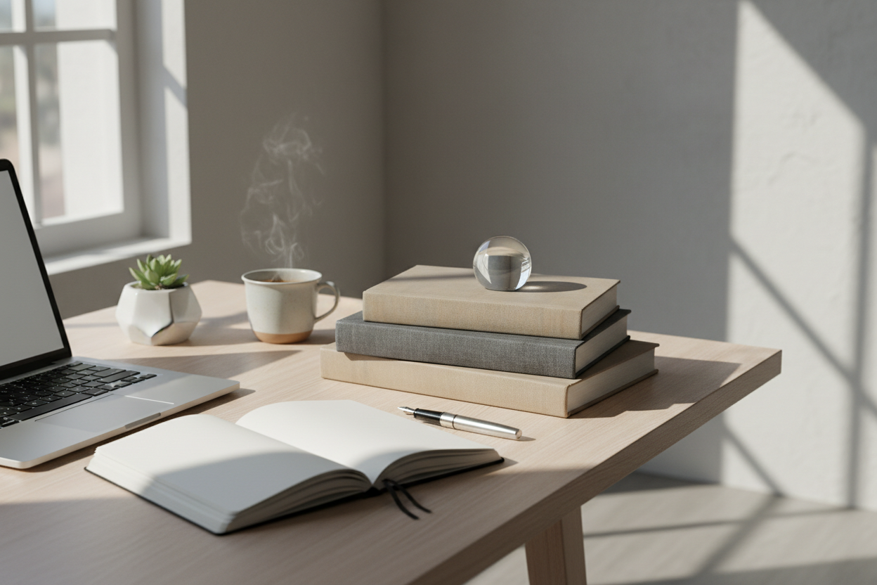 A realistic, professional photography-style image representing understanding and clarity in education. A calm, minimal workspace with soft natural light, neutral tones, and a peaceful atmosphere. Subtle elements suggesting learning and reflection, such as a notebook, books, or a laptop, without showing faces. Editorial photography style. No people, no animation, no illustration, no cartoon style. No text or logos.
