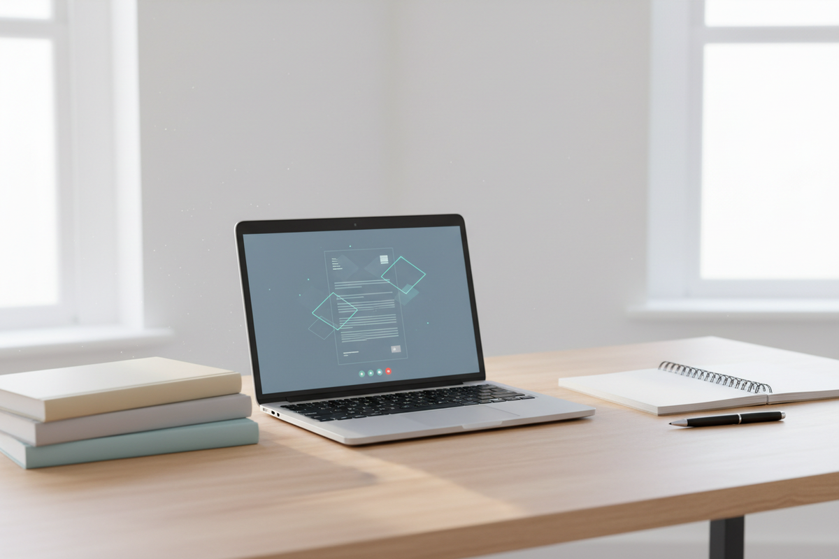 A realistic, professional photography-style image representing virtual educational support. A clean desk with an open laptop displaying a simple video call interface or digital document, a notebook and pen beside it, and a few books nearby. Soft natural light, neutral tones, minimal and uncluttered environment. Editorial photography style. No people, no animation, no illustration, no cartoon style. No text or logos.
